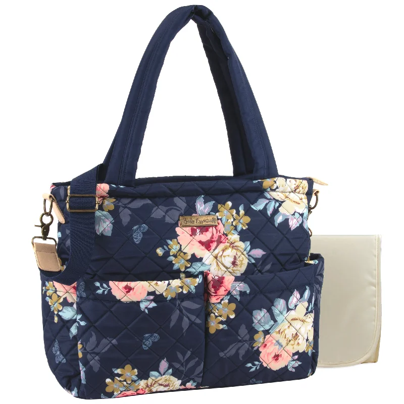 Baby Essentials Quilted Floral Diaper Bag Tote- Navy