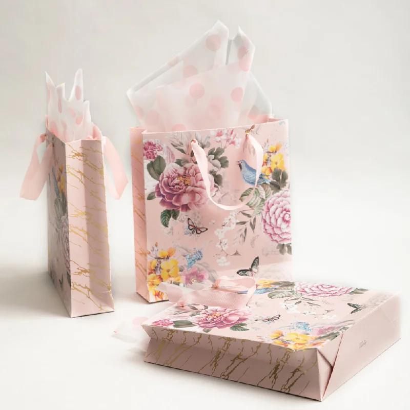 Pink Printed Garden Of Eden Paper Gift Bags - Set of 5/ Set of 50