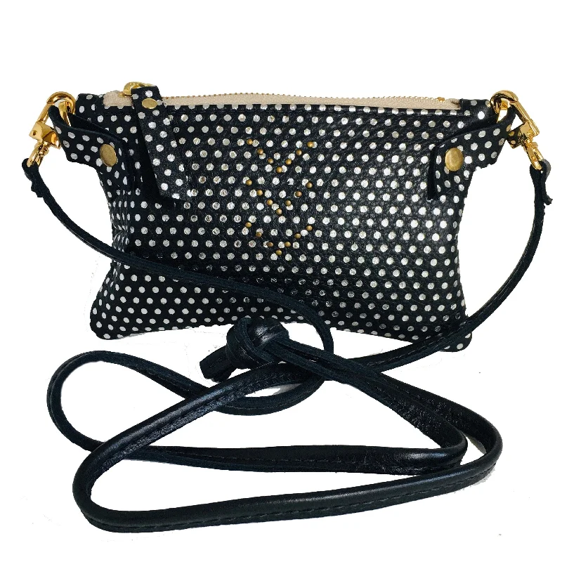 Small Leather Crossbody Purse - Cross Body Bag - Black With Metallic Silver Polka Dots - Ready To Ship