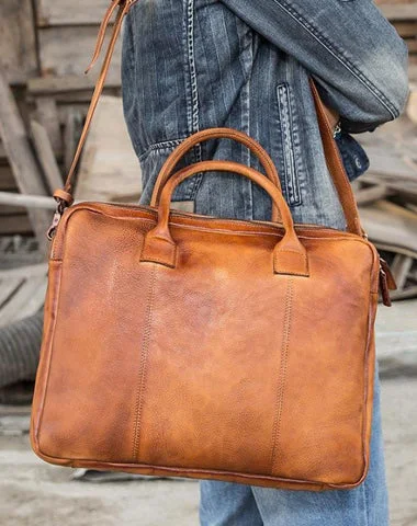 Vintage Brown Leather Mens 14 inches Briefcase Work Side Bag Brown Laptop Briefcase Business Bag for Men