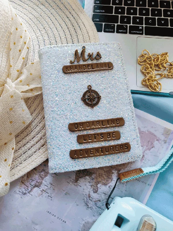 Let's Be Adventurers Pearl White Glitter Passport Cover