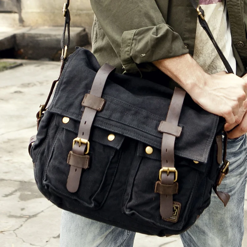 Men Casual Canvas Cowhide Big Crossbody Shoulder Bag