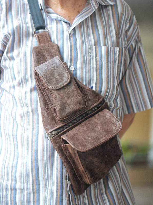 Men’s Crossbody Sling Bag - Cowhide - Premium Marble Brown