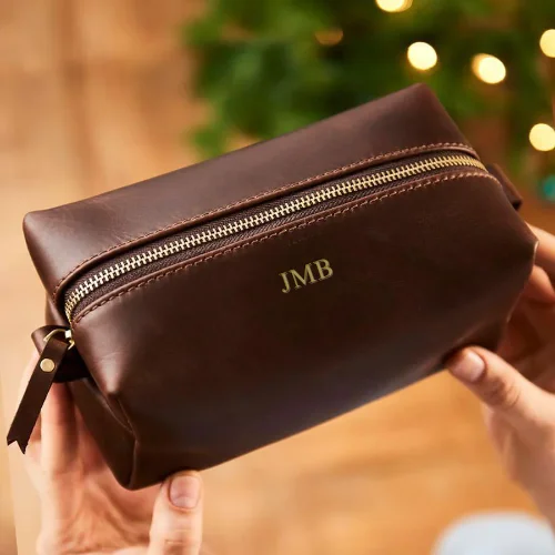 Personalised Compact Leather Wash Bag